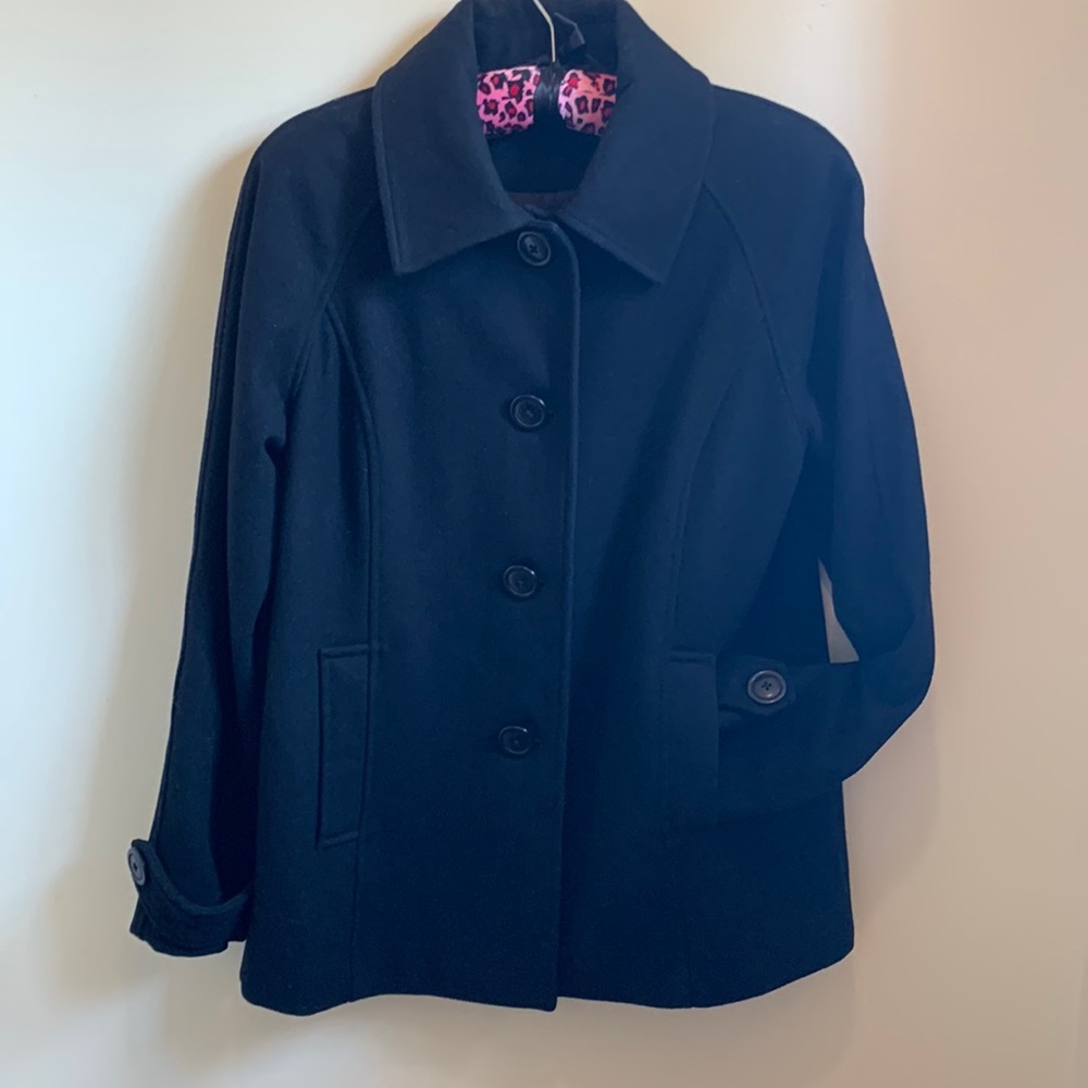 Black wool, lined coat with 4 bottom front and a button on each arm